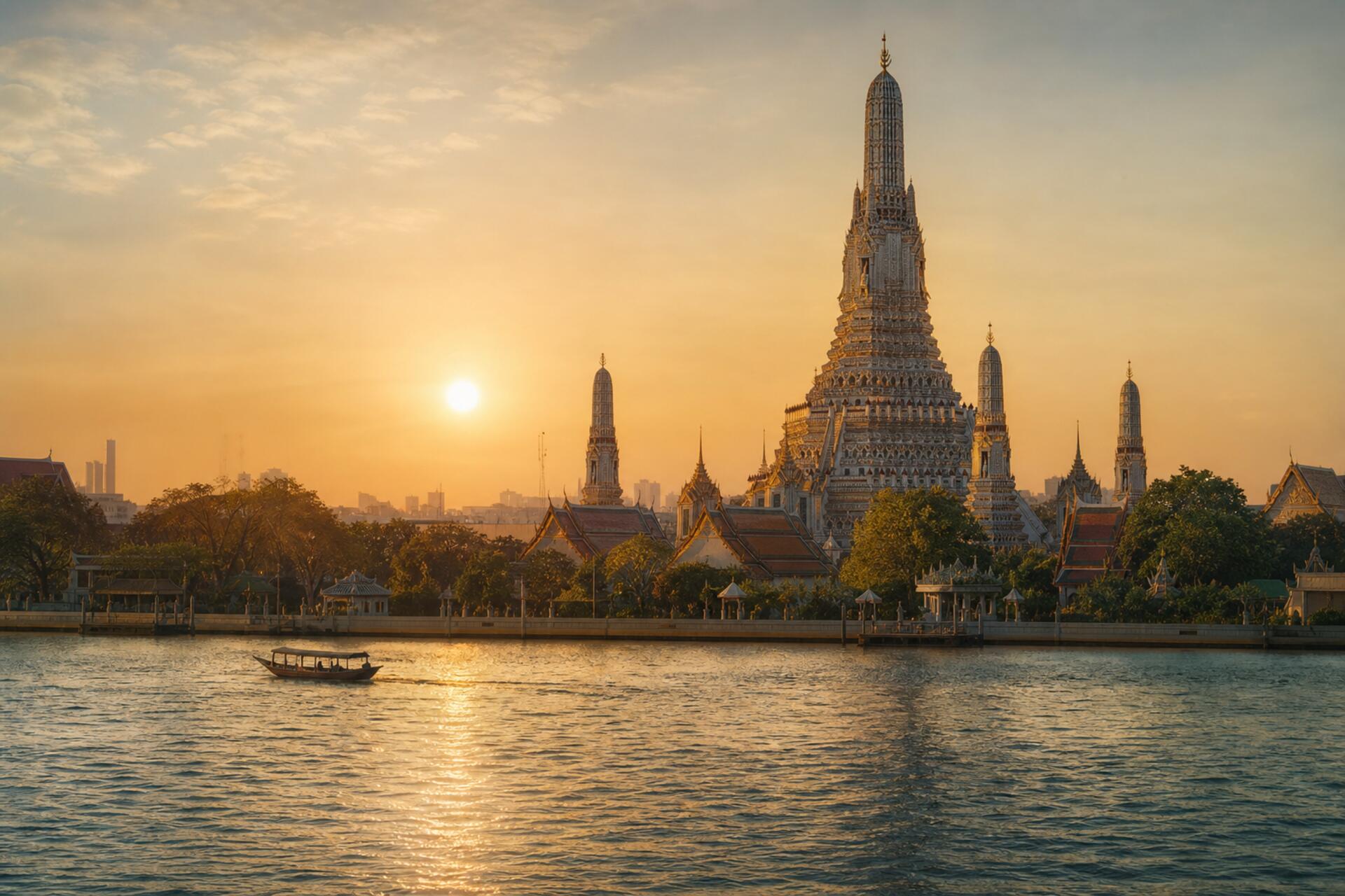 A tiered Thai temple spire on the bank of the Chao Phraya river in Bangkok at sunset, with a small boat crossing the water