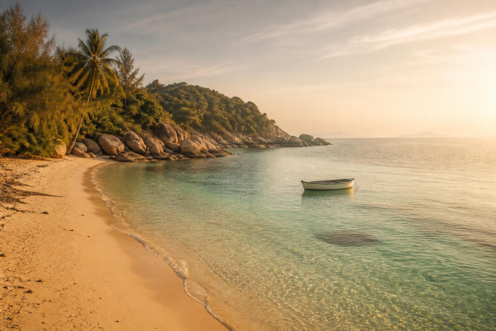 A quiet sandy bay on Coral Island off Pattaya, with clear shallow water, granite boulders and palms along the shore, and a small white boat moored offshore