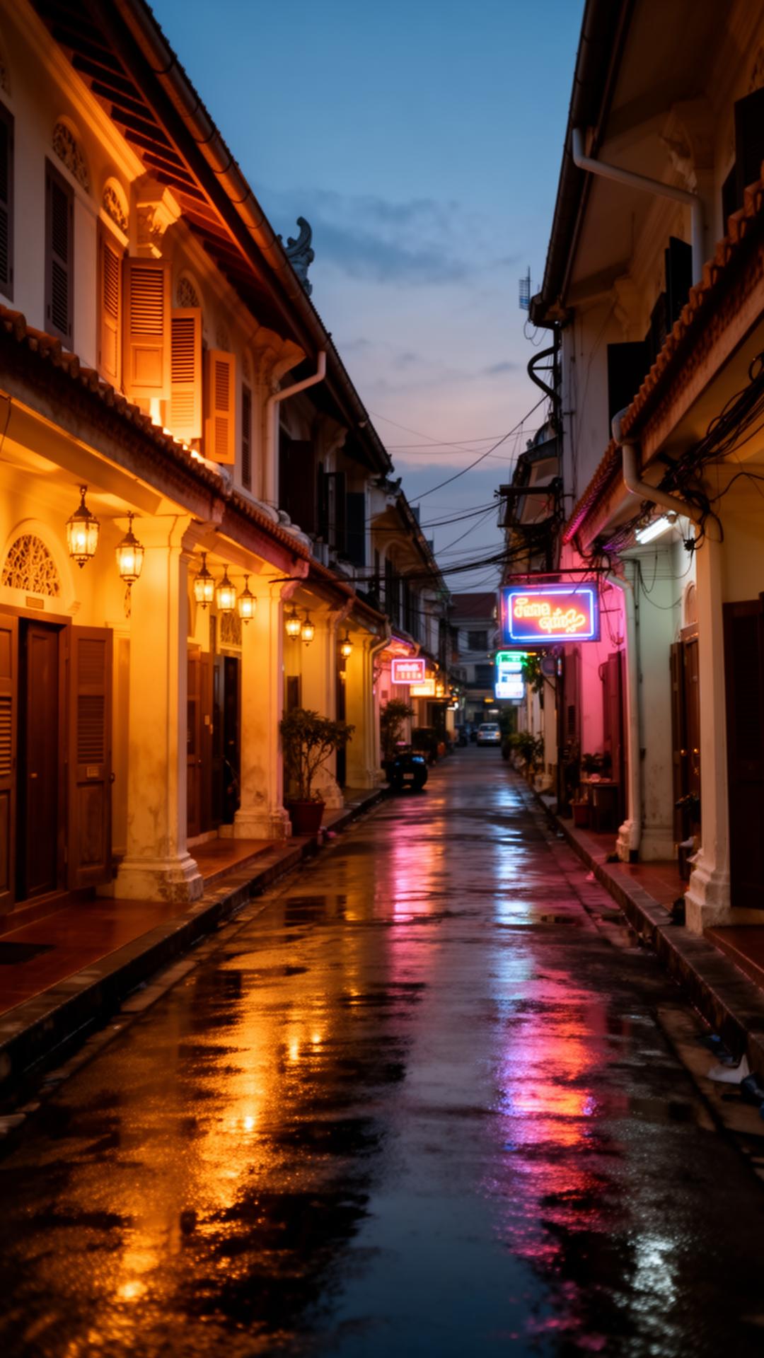 Atmospheric Bangkok shophouse lane at dusk