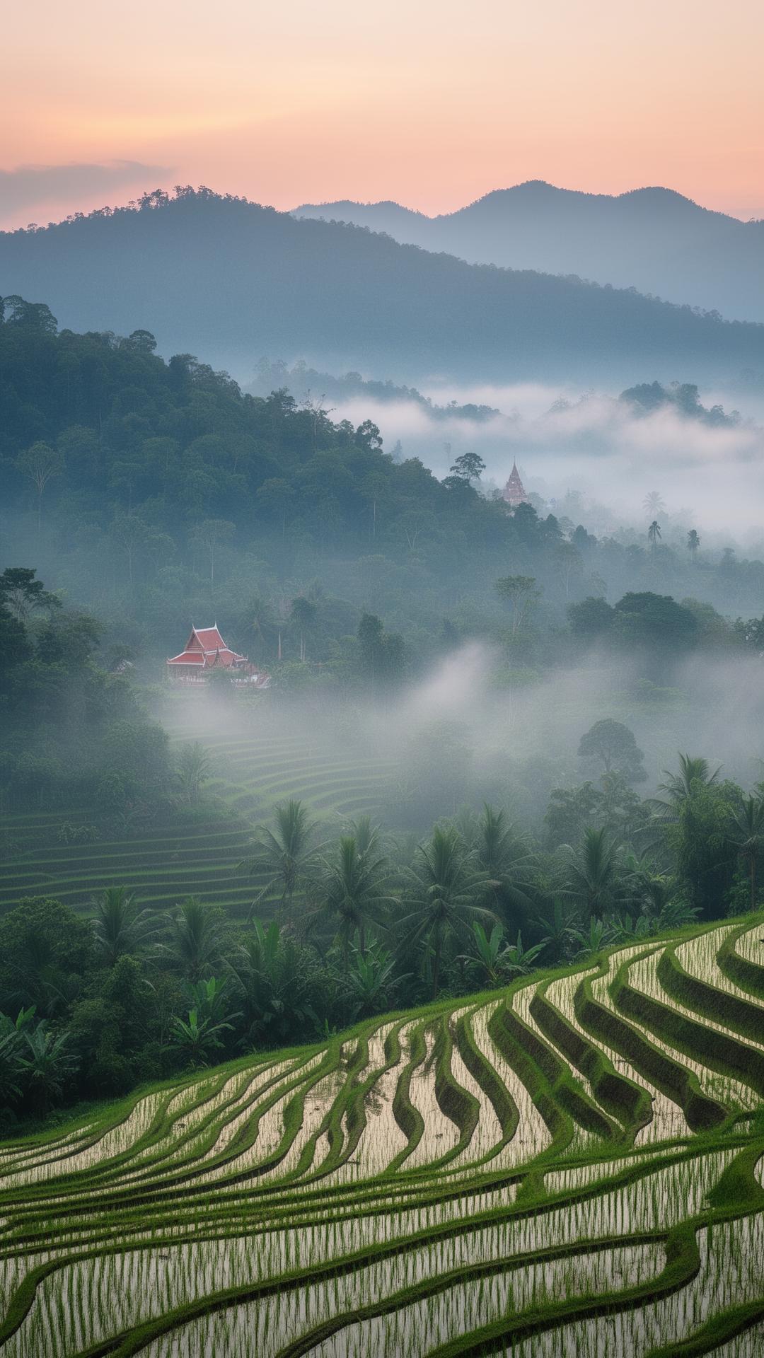Mist over terraced rice fields and Lanna temple in northern Thailand