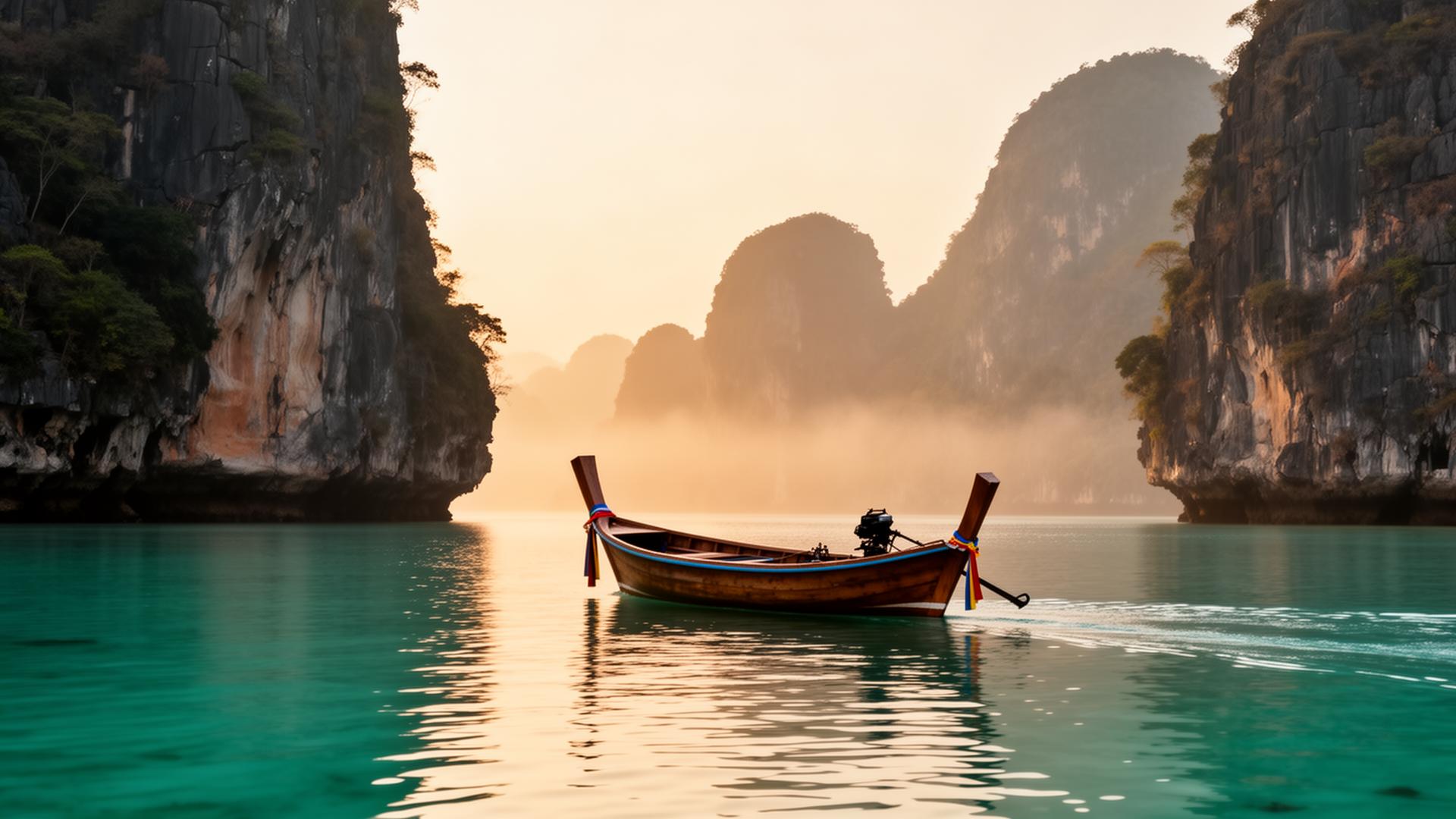 Wooden longtail boat at dawn beneath the limestone karsts of southern Thailand