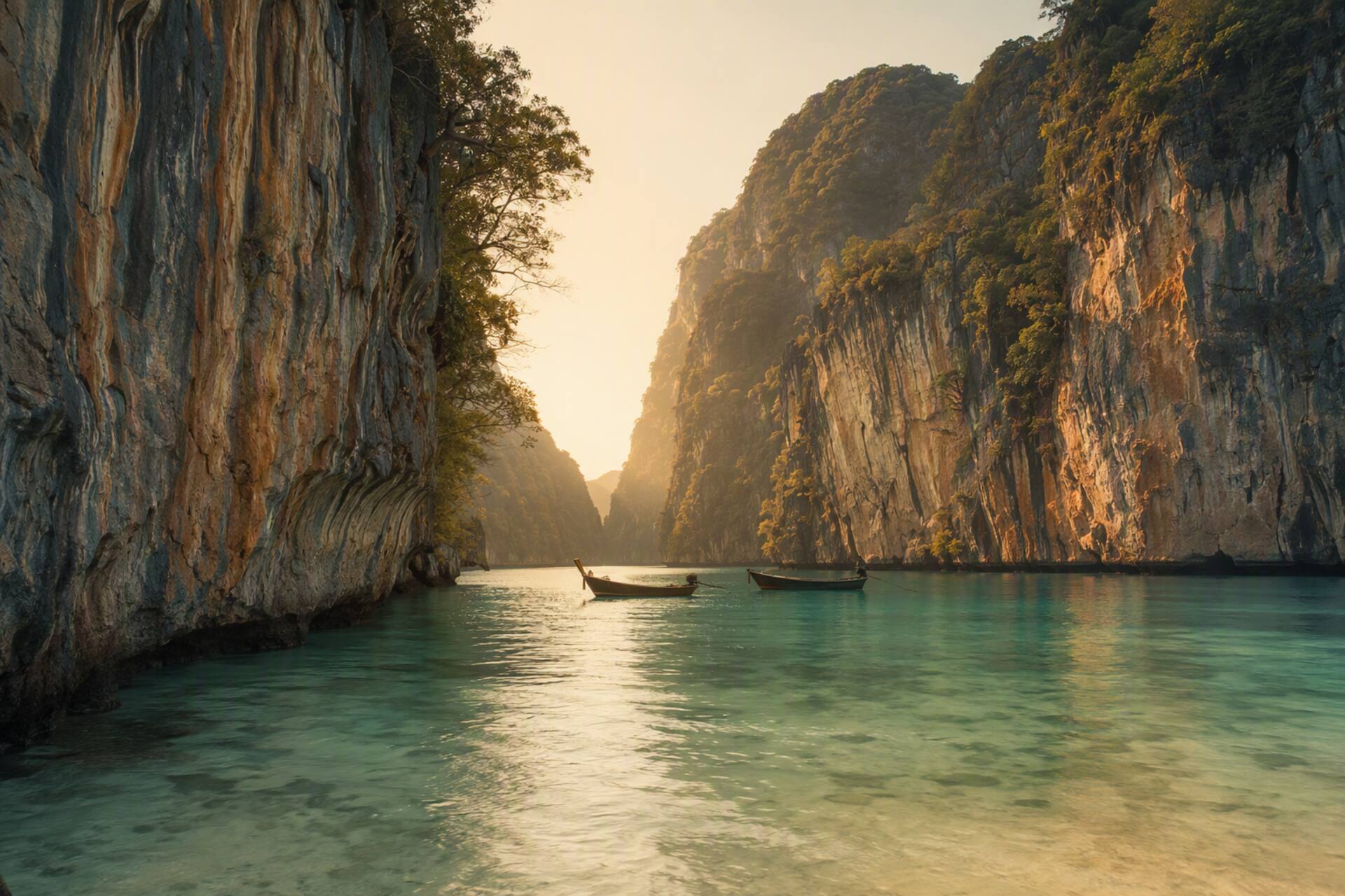 Limestone cliffs rising from clear turquoise water in the Phi Phi Islands, with two wooden longtail boats at anchor in late afternoon light