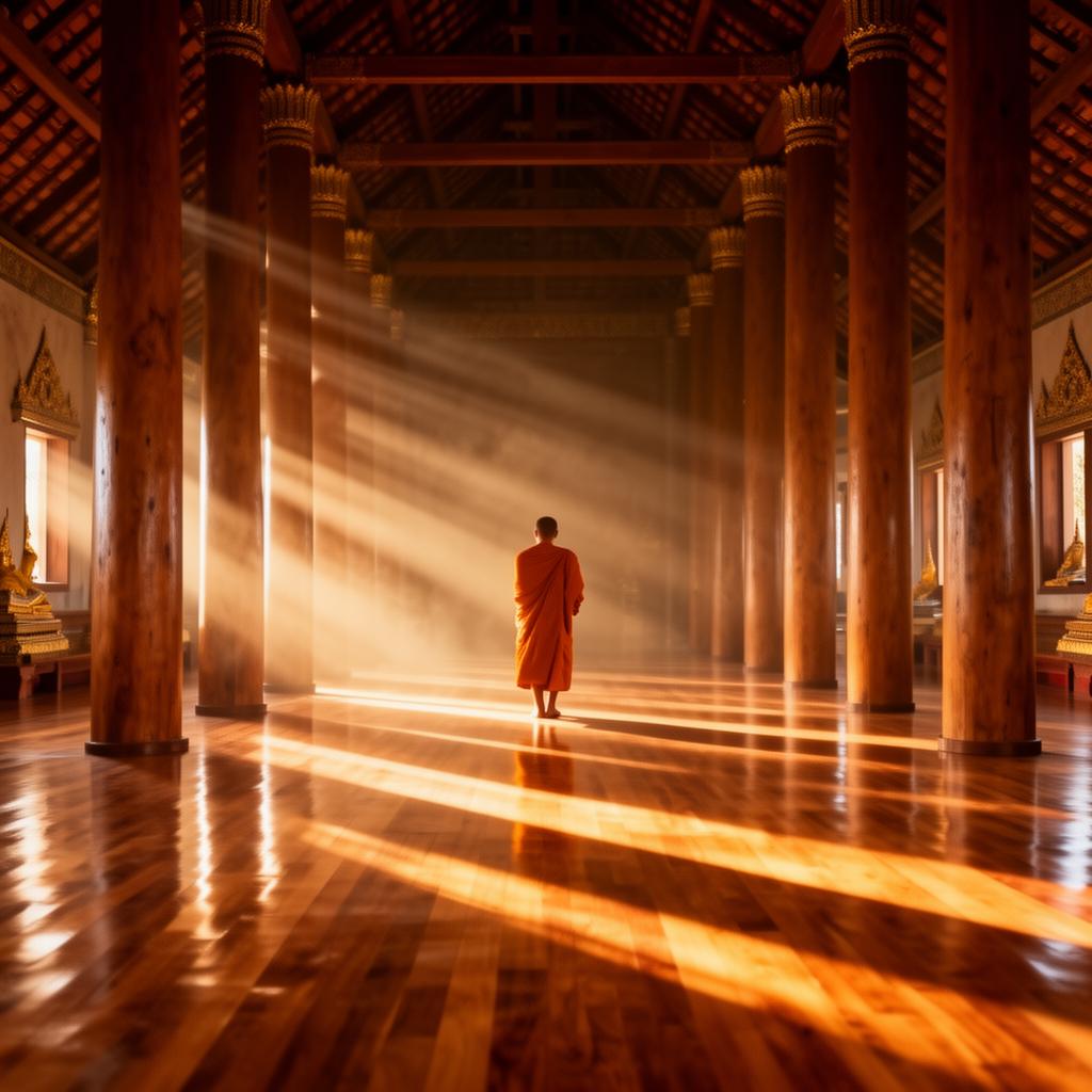 Light through teak columns of a quiet Thai temple interior